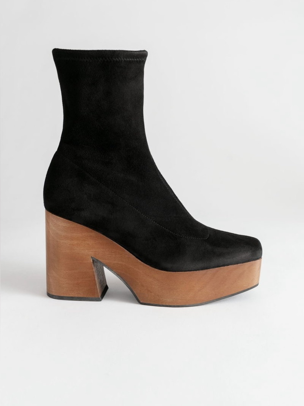 & Other Stories Black 70s Style Suede Platform Ankle Boots w/Wood-Effect Heel 8
